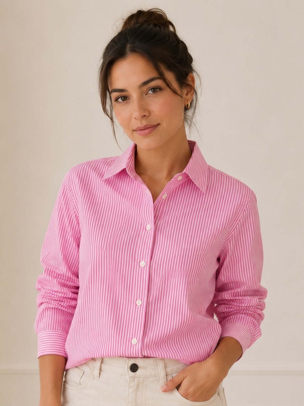 Lands’ End Pink & White Striped Button Down Shirt Size 16 Long Sleeve Classic